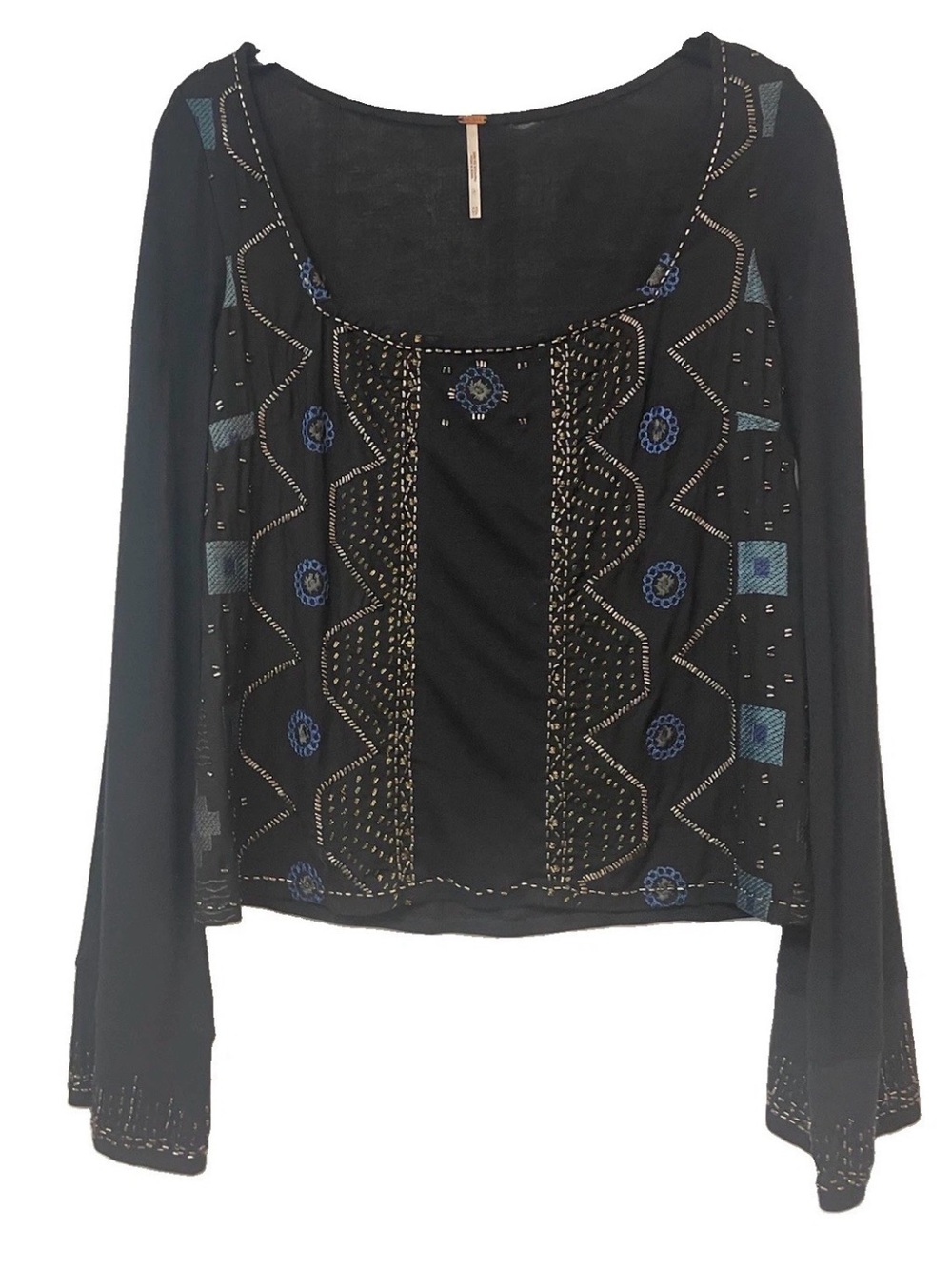 Free People Black Beaded Bell Sleeve Boho Blouse Top Square Neck Sz XS - Picture 8 of 10